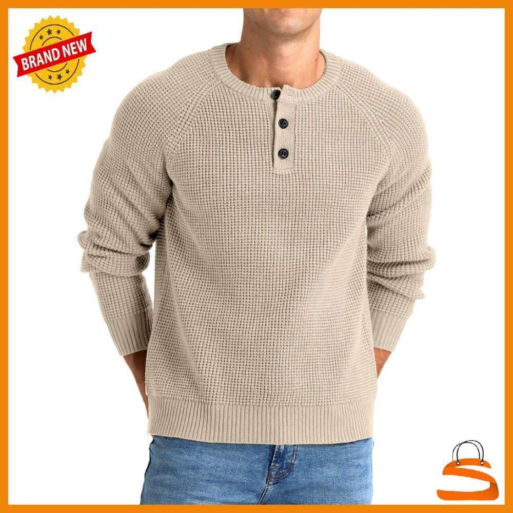 Men's Henley Sweater Long Sleeve Pullover Waffle Knit Casual Warm